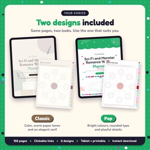 Two designs included with the Sci-Fi & Monster Romance Writing Planner: Classic and Pop