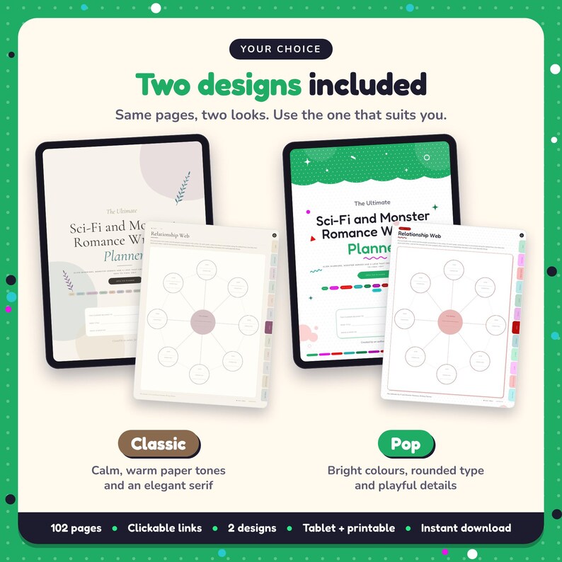 Two designs included with the Sci-Fi & Monster Romance Writing Planner: Classic and Pop