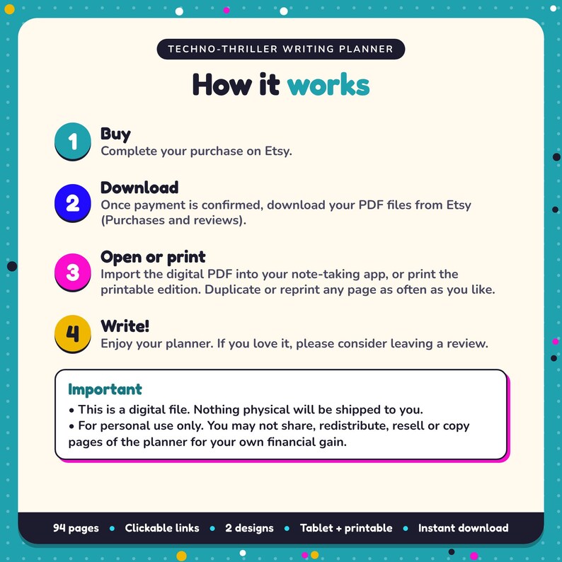 How it works: buy, download the PDF files from Etsy, open in your note-taking app or print. Digital file for personal use, nothing is shipped