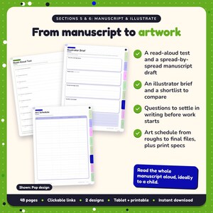 From manuscript to artwork: Picture Book Writing Planner pages. A read-aloud test and a spread-by-spread manuscript draft; An illustrator brief and a shortlist to compare; Questions to settle in writing before work starts