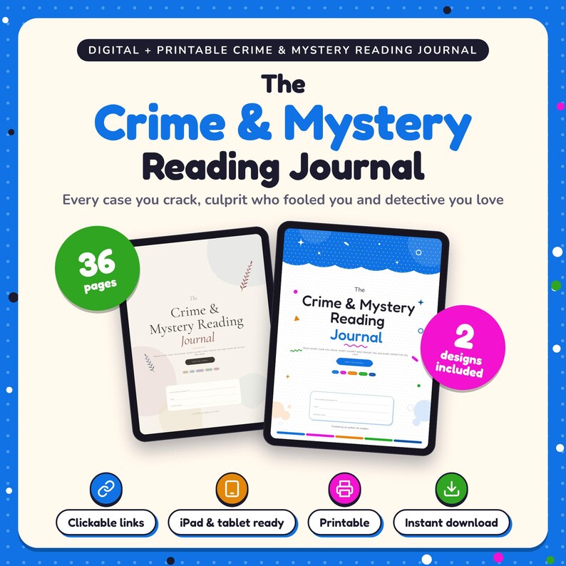 The Crime & Mystery Reading Journal shown on two tablets in Classic and Pop designs: 36 pages, clickable links, iPad and tablet ready, printable, instant download