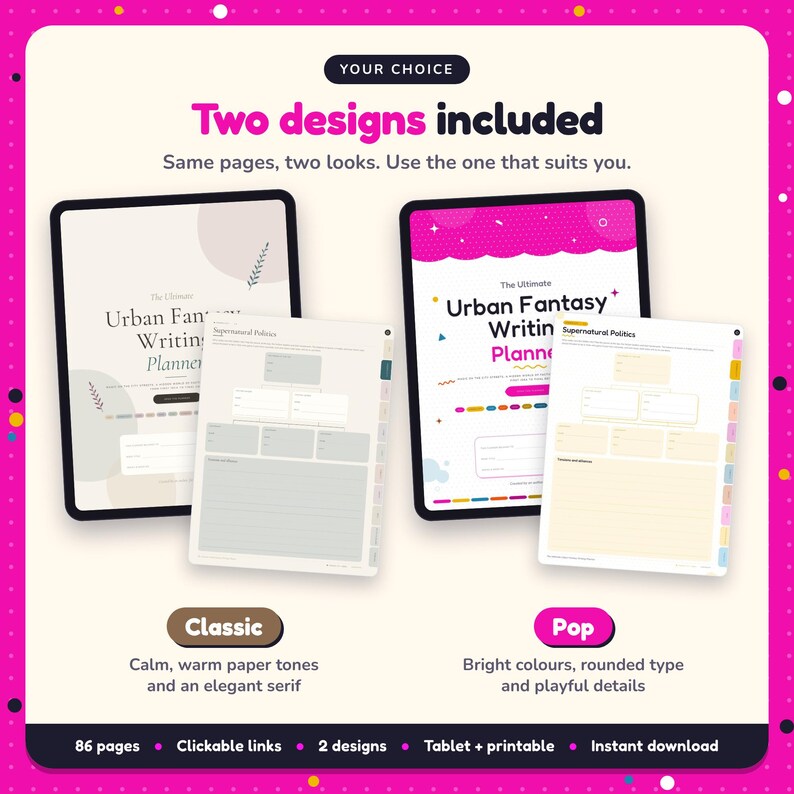 Two designs included with the Urban Fantasy Writing Planner: Classic and Pop