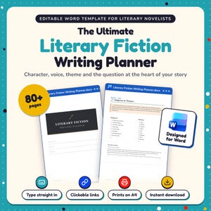 May include: An editable digital writing planner for Microsoft Word titled The Ultimate Literary Fiction Writing Planner. It features 80+ pages, clickable links, and is designed for A4 printing. The document includes sections for subgenres, themes, and character development.