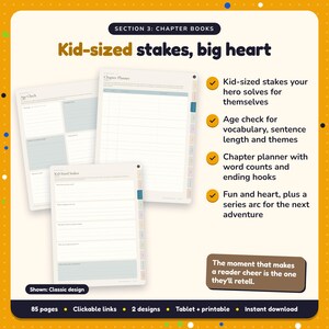 Kid-sized stakes, big heart: Children's Book Writing Planner pages. Kid-sized stakes your hero solves for themselves; Age check for vocabulary, sentence length and themes; Chapter planner with word counts and ending hooks