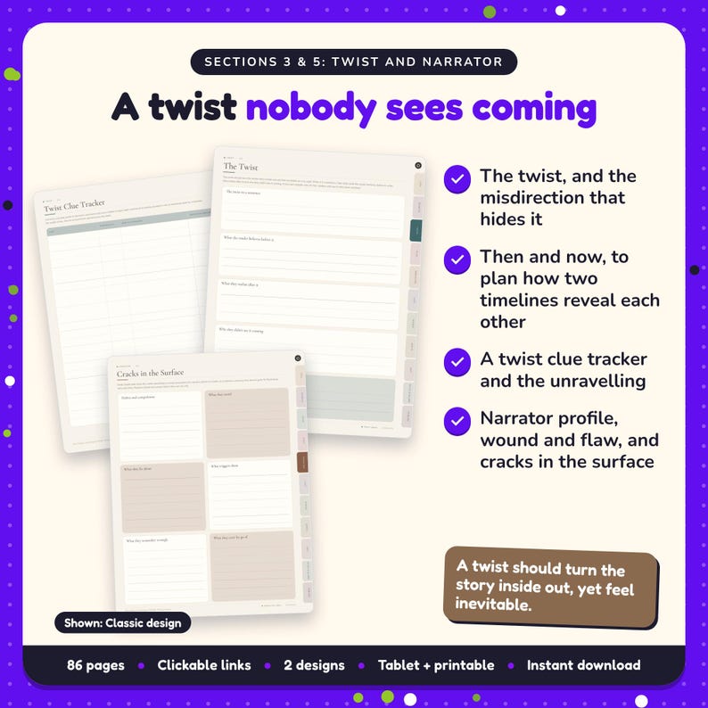 A twist nobody sees coming: Psychological Thriller Writing Planner pages. The twist, and the misdirection that hides it; Then and now, to plan how two timelines reveal each other; A twist clue tracker and the unravelling