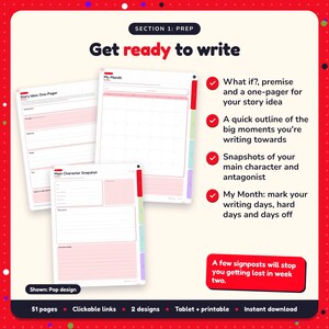 Get ready to write: 30-Day Novel Challenge pages. What if?, premise and a one-pager for your story idea; A quick outline of the big moments you're writing towards; Snapshots of your main character and antagonist