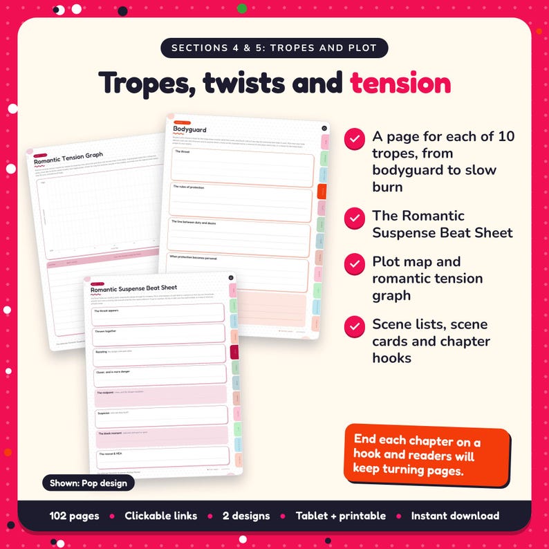 Tropes, twists and tension: Romantic Suspense Writing Planner pages. A page for each of 10 tropes, from bodyguard to slow burn; The Romantic Suspense Beat Sheet; Plot map and romantic tension graph