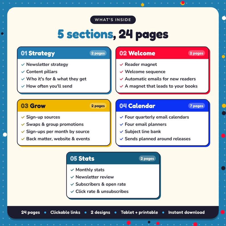 What's inside the Author Newsletter Planner: 5 sections and 24 pages covering strategy, welcome, grow, calendar, stats