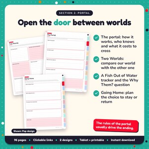 Open the door between worlds: Portal Fantasy Writing Planner pages. The portal: how it works, who knows and what it costs to cross; Two Worlds: compare our world with the other one; A Fish Out of Water tracker and the Why Them? question