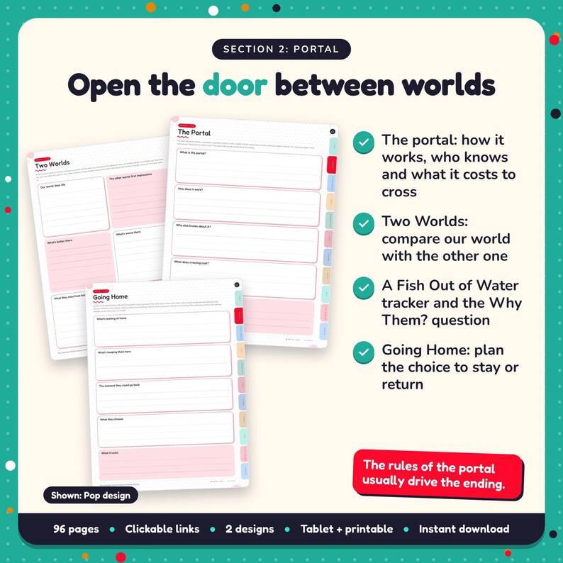 Open the door between worlds: Portal Fantasy Writing Planner pages. The portal: how it works, who knows and what it costs to cross; Two Worlds: compare our world with the other one; A Fish Out of Water tracker and the Why Them? question