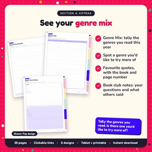 See your genre mix: Book Lover's Reading Journal pages. Genre Mix: tally the genres you read this year; Spot a genre you'd like to try more of; Favourite quotes, with the book and page number
