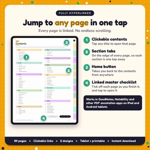 Hyperlinked contents page of the Historical Mystery Writing Planner, with clickable contents, section tabs, home button and linked master checklist for GoodNotes and Notability