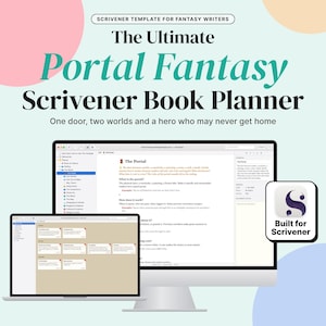 Puede incluir: Una plantilla digital de Scrivener para escritores de fantasía titulada The Ultimate Portal Fantasy Scrivener Book Planner. El gráfico muestra un monitor de computadora y una pantalla de portátil con interfaces de software y un icono de Built for Scrivener.