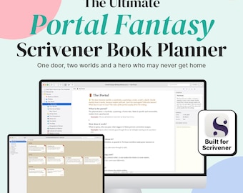 May include: A digital Scrivener template for fantasy writers titled The Ultimate Portal Fantasy Scrivener Book Planner. The graphic displays a computer monitor and laptop screen showing software interface layouts and a Built for Scrivener icon.