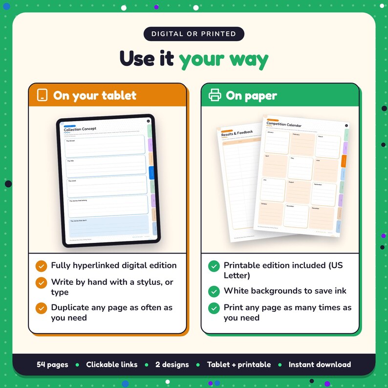 Use the Short Story Writing Planner on your tablet as a hyperlinked digital planner, or print the US Letter printable edition