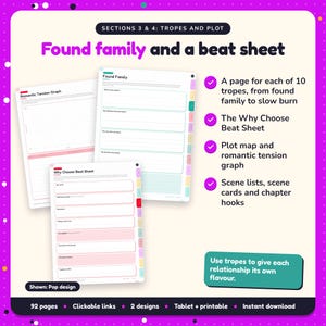 Found family and a beat sheet: Why Choose Romance Writing Planner pages. A page for each of 10 tropes, from found family to slow burn; The Why Choose Beat Sheet; Plot map and romantic tension graph