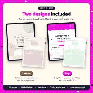 Two designs included with the Romantasy Writing Planner: Classic and Pop