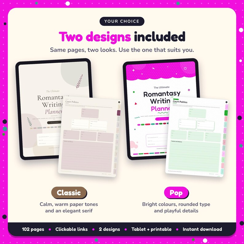 Two designs included with the Romantasy Writing Planner: Classic and Pop