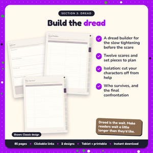 Build the dread: Horror Writing Planner pages. A dread builder for the slow tightening before the scare; Twelve scares and set pieces to plan; Isolation: cut your characters off from help