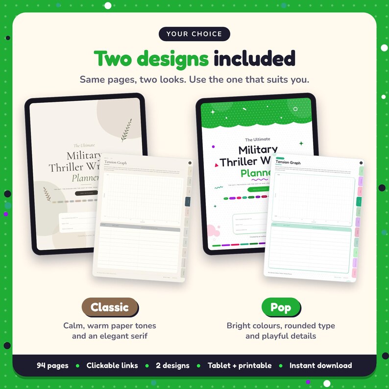 Two designs included with the Military Thriller Writing Planner: Classic and Pop