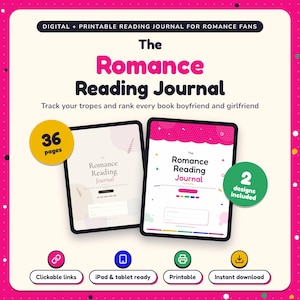 The Romance Reading Journal shown on two tablets in Classic and Pop designs: 36 pages, clickable links, iPad and tablet ready, printable, instant download