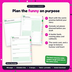 Plan the funny on purpose: Romantic Comedy Writing Planner pages. Start with the comic premise behind your story; Comedy set pieces planned before you draft; A banter bank, running jokes and callbacks