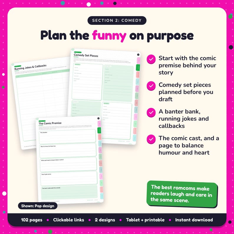Plan the funny on purpose: Romantic Comedy Writing Planner pages. Start with the comic premise behind your story; Comedy set pieces planned before you draft; A banter bank, running jokes and callbacks