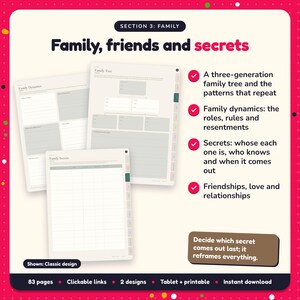 Family, friends and secrets: Women's Fiction Writing Planner pages. A three-generation family tree and the patterns that repeat; Family dynamics: the roles, rules and resentments; Secrets: whose each one is, who knows and when it comes out