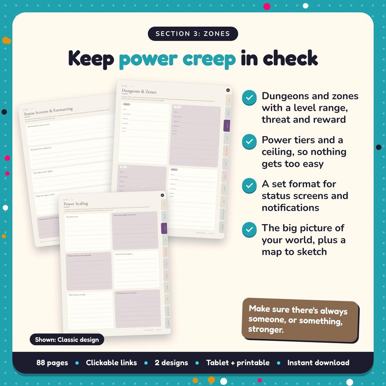 Keep power creep in check: LitRPG & Progression Fantasy Writing Planner pages. Dungeons and zones with a level range, threat and reward; Power tiers and a ceiling, so nothing gets too easy; A set format for status screens and notifications