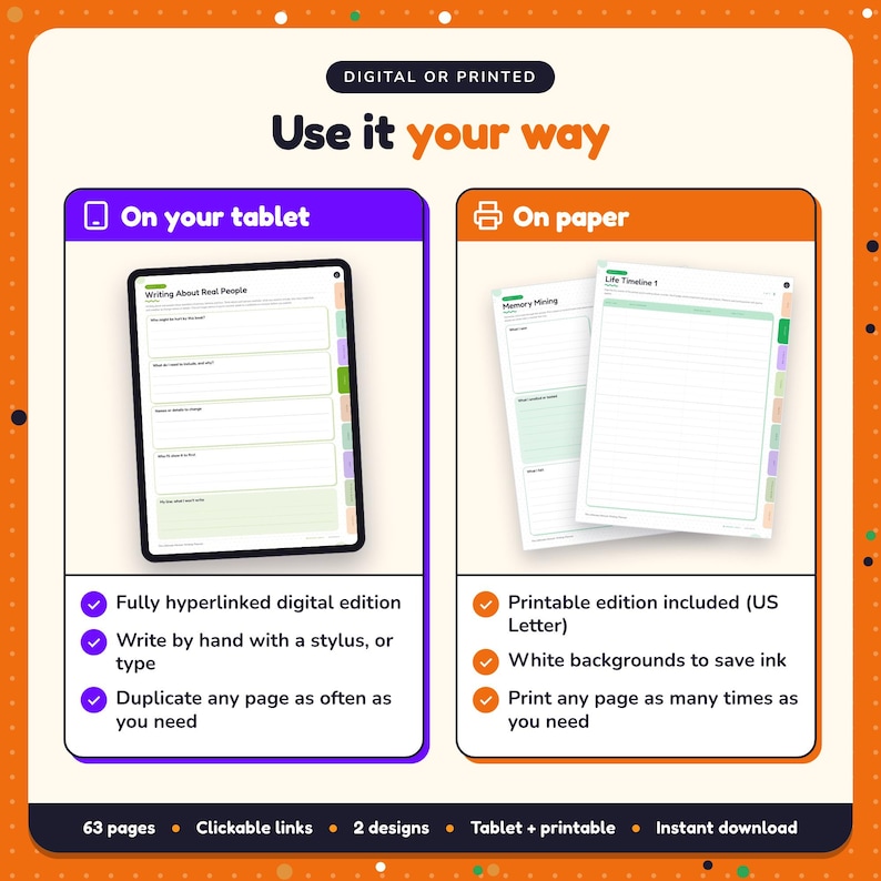 Use the Memoir Writing Planner on your tablet as a hyperlinked digital planner, or print the US Letter printable edition