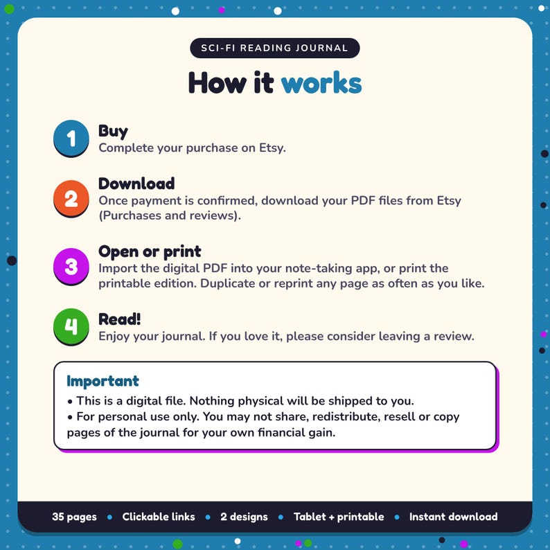 How it works: buy, download the PDF files from Etsy, open in your note-taking app or print. Digital file for personal use, nothing is shipped