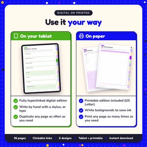 Use the Epic Fantasy Writing Planner on your tablet as a hyperlinked digital planner, or print the US Letter printable edition