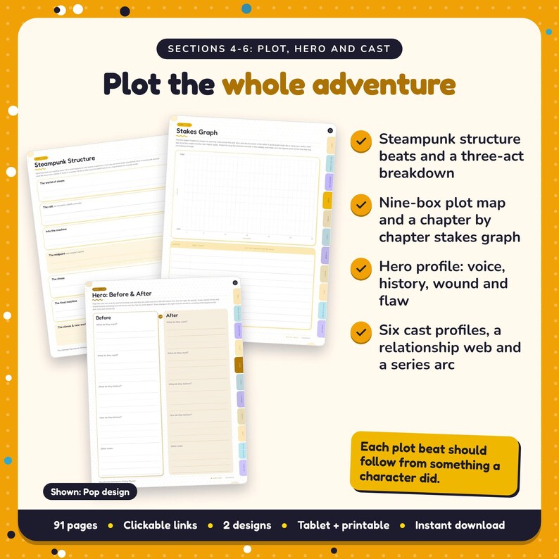 Plot the whole adventure: Steampunk Writing Planner pages. Steampunk structure beats and a three-act breakdown; Nine-box plot map and a chapter by chapter stakes graph; Hero profile: voice, history, wound and flaw