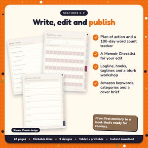 Write, edit and publish: Memoir Writing Planner pages. Plan of action and a 100-day word count tracker; A Memoir Checklist for your edit; Logline, hooks, taglines and a blurb workshop