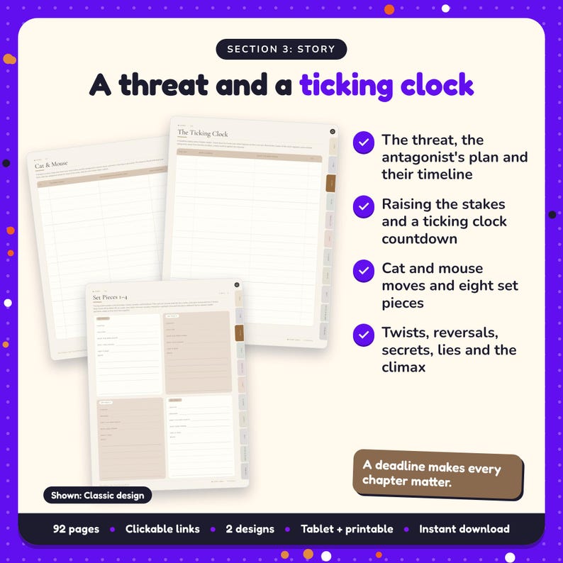 A threat and a ticking clock: Time Travel Writing Planner pages. The threat, the antagonist's plan and their timeline; Raising the stakes and a ticking clock countdown; Cat and mouse moves and eight set pieces