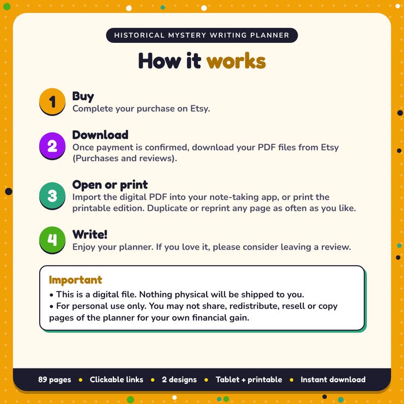 How it works: buy, download the PDF files from Etsy, open in your note-taking app or print. Digital file for personal use, nothing is shipped