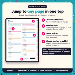 Hyperlinked contents page of the LitRPG & Progression Fantasy Writing Planner, with clickable contents, section tabs, home button and linked master checklist for GoodNotes and Notability