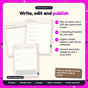 Write, edit and publish: Myth & Fairy-Tale Retelling Writing Planner pages. Plan of action and a 100-day word count tracker; A Retelling Checklist for your edit; Logline, hooks, taglines and a blurb workshop