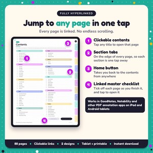 Hyperlinked contents page of the Cosy Mystery Writing Planner, with clickable contents, section tabs, home button and linked master checklist for GoodNotes and Notability