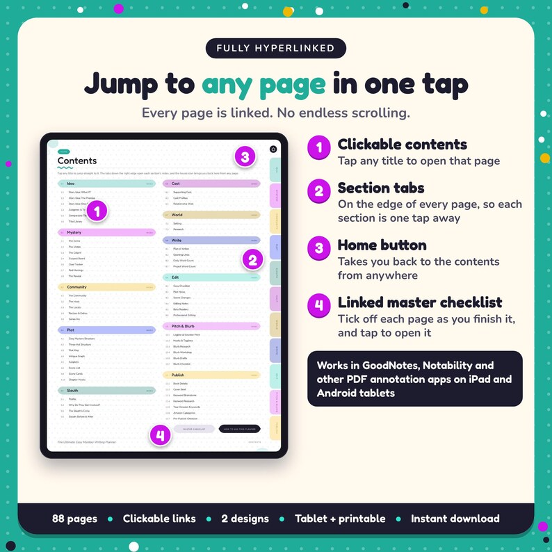 Hyperlinked contents page of the Cosy Mystery Writing Planner, with clickable contents, section tabs, home button and linked master checklist for GoodNotes and Notability