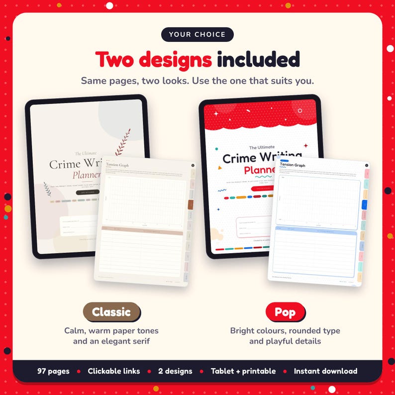 Two designs included with the Crime Writing Planner: Classic and Pop