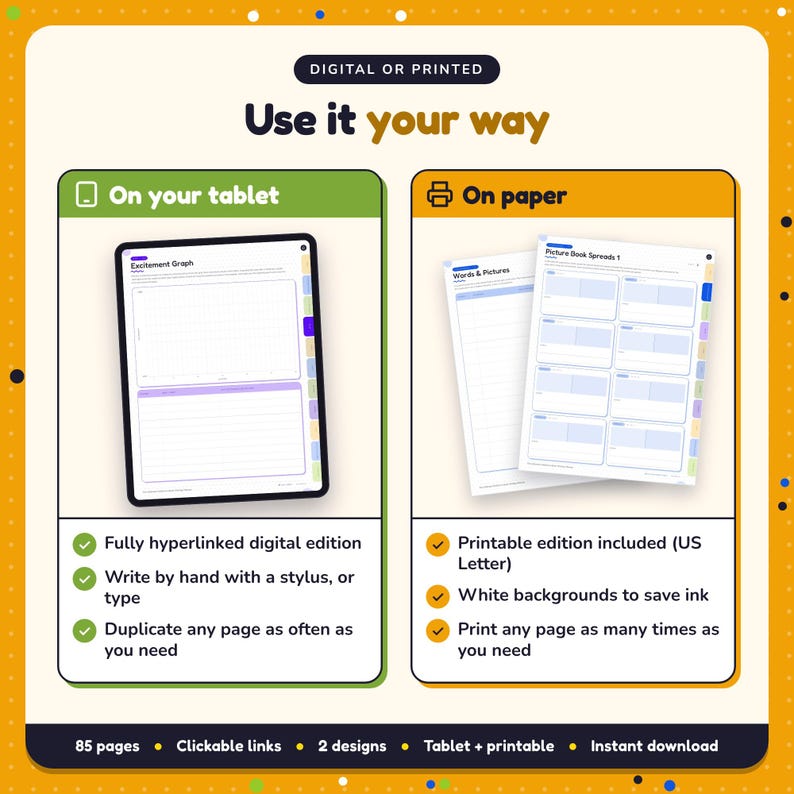 Use the Children's Book Writing Planner on your tablet as a hyperlinked digital planner, or print the US Letter printable edition
