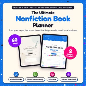 The Ultimate Nonfiction Book Planner shown on two tablets in Classic and Pop designs: 60 pages, clickable links, iPad and tablet ready, printable, instant download