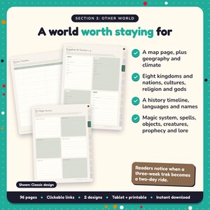 A world worth staying for: Portal Fantasy Writing Planner pages. A map page, plus geography and climate; Eight kingdoms and nations, cultures, religion and gods; A history timeline, languages and names