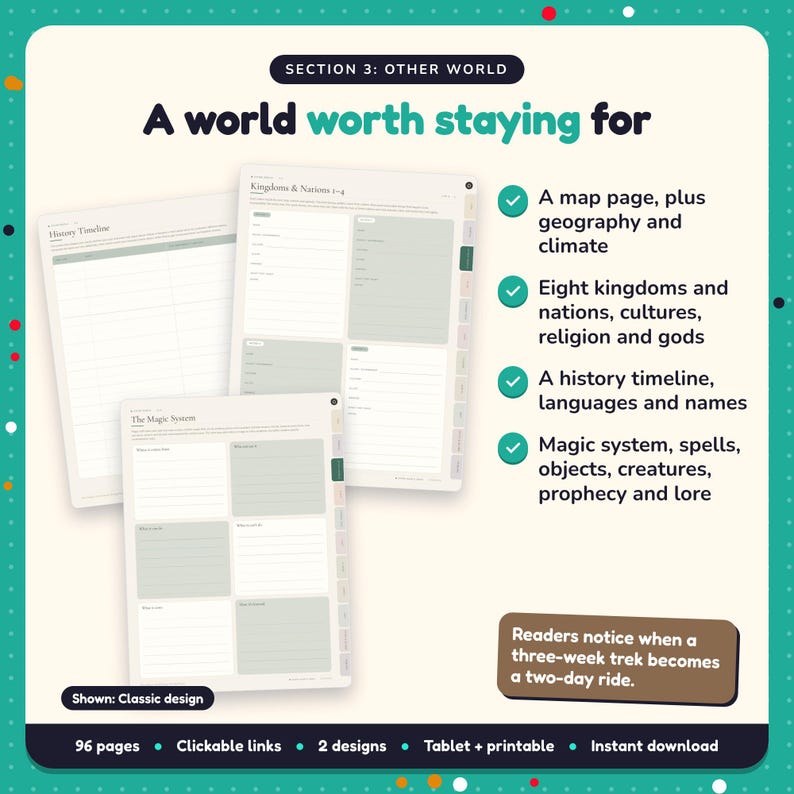A world worth staying for: Portal Fantasy Writing Planner pages. A map page, plus geography and climate; Eight kingdoms and nations, cultures, religion and gods; A history timeline, languages and names
