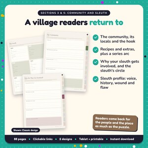 A village readers return to: Cosy Mystery Writing Planner pages. The community, its locals and the hook; Recipes and extras, plus a series arc; Why your sleuth gets involved, and the sleuth's circle