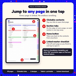 Hyperlinked contents page of the Traditional Publishing Planner, with clickable contents, section tabs, home button and linked master checklist for GoodNotes and Notability