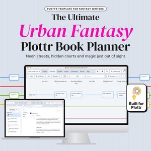 Puede incluir: Una plantilla de planificador de libros digital para escritores titulada The Ultimate Urban Fantasy Plottr Book Planner, mostrada en un monitor de computadora y una laptop, con interfaz de línea de tiempo y logo Built for Plottr.
