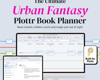 Könnte beinhalten: Eine digitale Buchplaner-Vorlage für Autoren mit dem Titel The Ultimate Urban Fantasy Plottr Book Planner, angezeigt auf einem Computermonitor und Laptop-Bildschirm, mit Zeitachsen-Schnittstelle, Notizen und einem Built for Plottr-Logo.