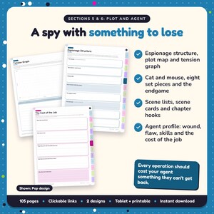 A spy with something to lose: Espionage Thriller Writing Planner pages. Espionage structure, plot map and tension graph; Cat and mouse, eight set pieces and the endgame; Scene lists, scene cards and chapter hooks
